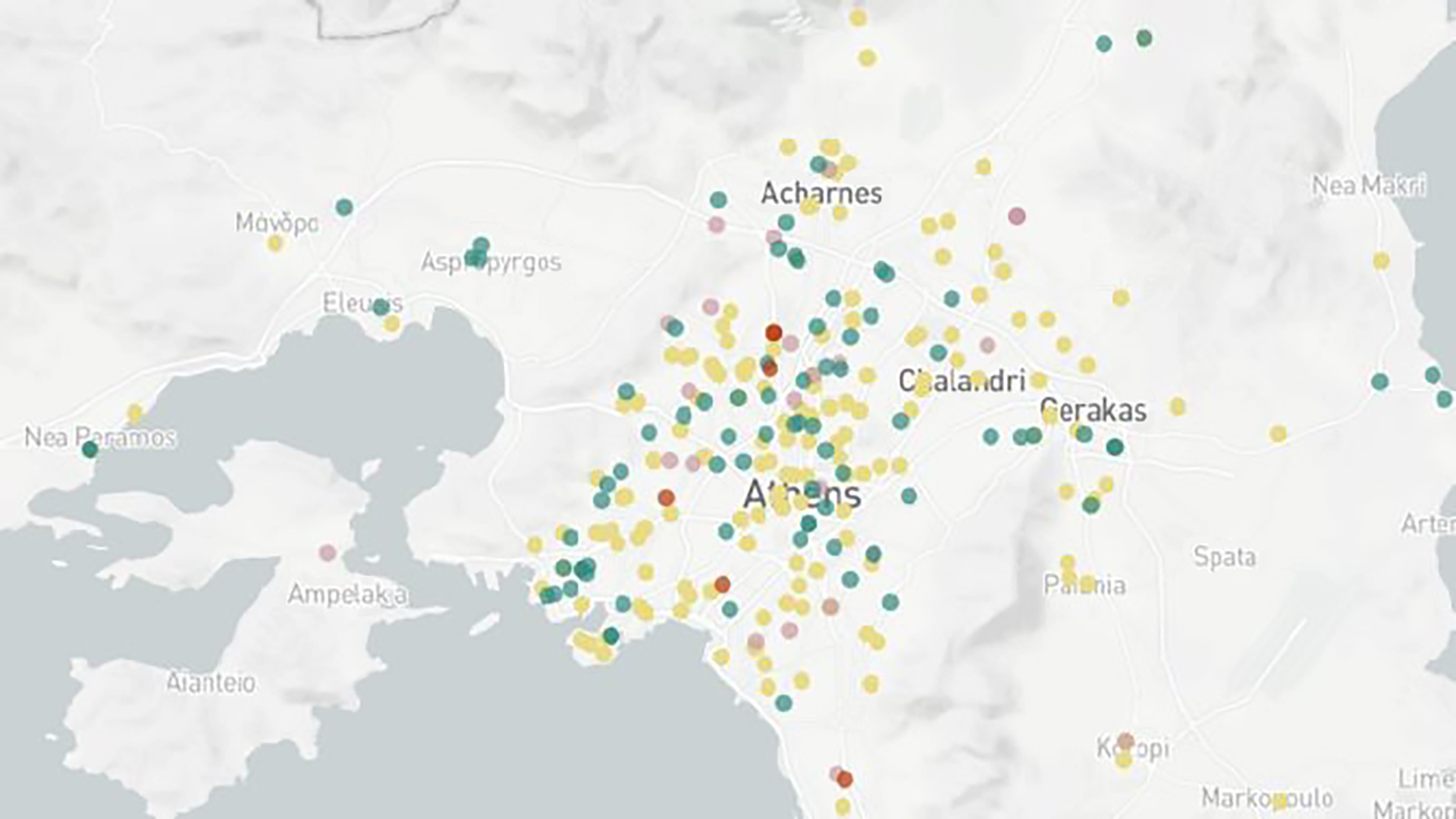 Λεπτομέρεια από χάρτη της Αθήνας με κλειστά σχολεία λόγω κρουσμάτων COVID19