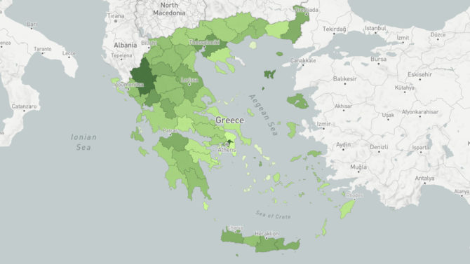 χάρτης με τον εμβολιασμένο πληθυσμό της Ελλάδας