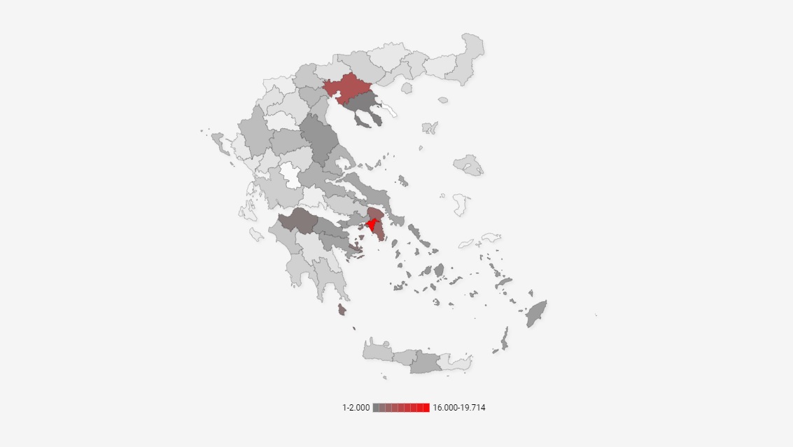 Χάρτης που αποτυπώνει αριθμούς πλειστηριασμών ανά περιοχή στην Ελλάδα