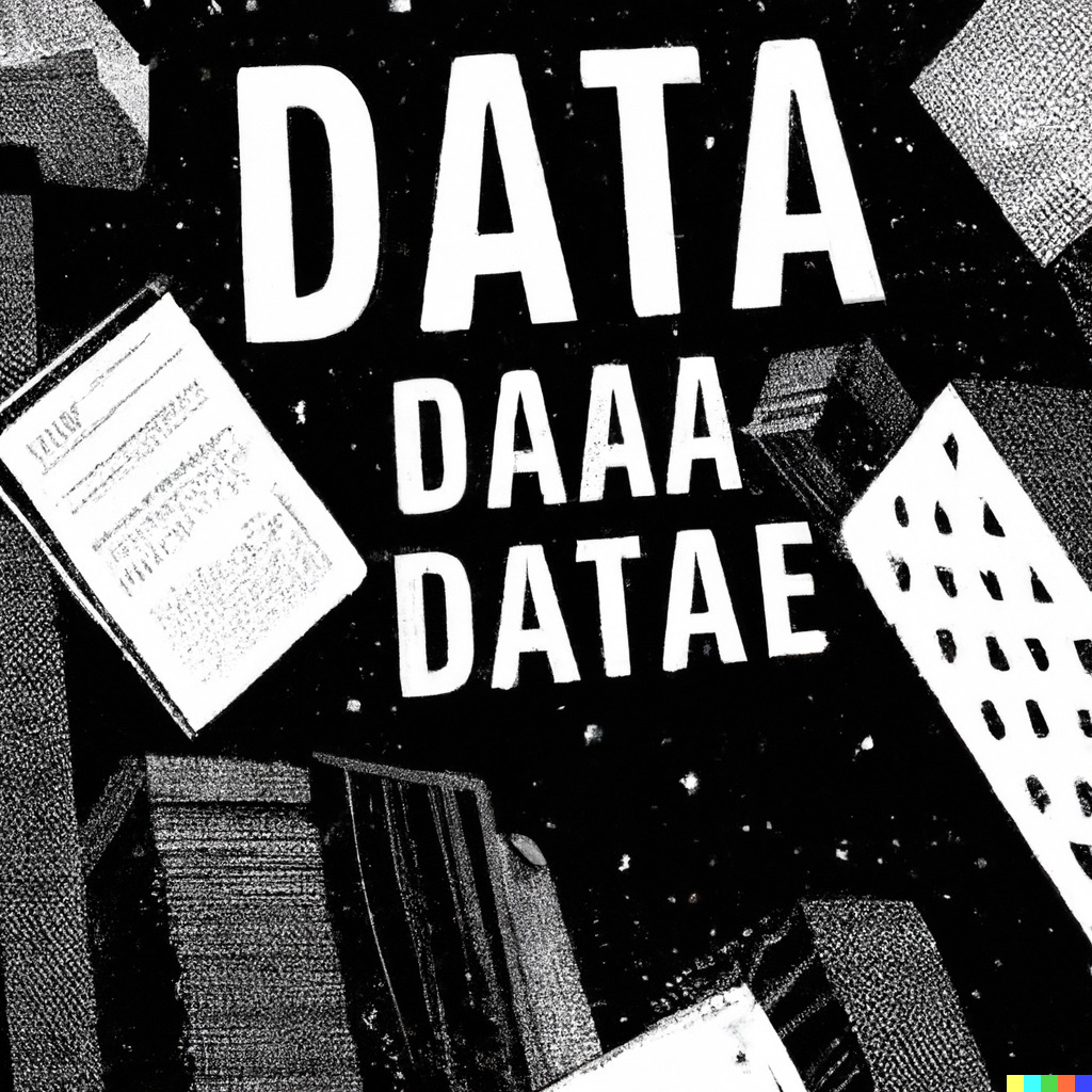 A black and white illustration depicting a buildings in the night and the word data in the sky. This image has been created by the artificial intelligence algorithm, DALL-E of open.ai