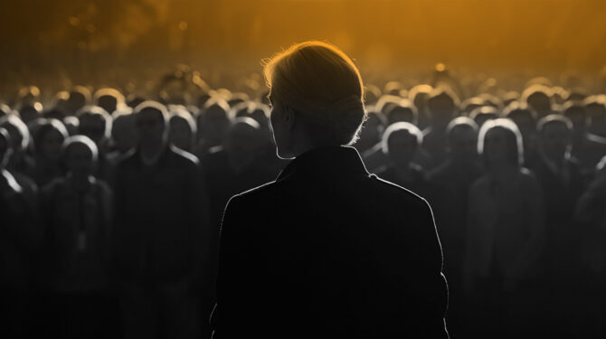 ΑΙ generated image using Mid-Journey v5 - people attending a political speech.