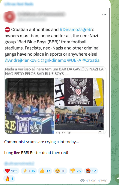 This image, which comes from one of the largest far-right Telegram channels in Europe, shows support content for the fans of the Croatian football team Dynamo Zagreb arrested for the August 7 riots in New Philadelphia. The description reads "The communists are crying today. Long live the BBB. Better dead than red."