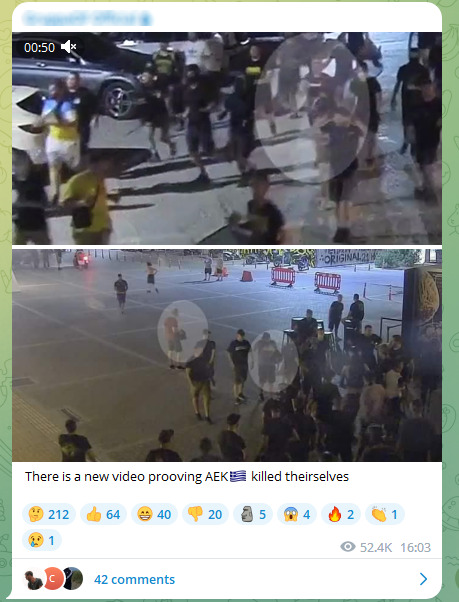 In this image, which comes from one of the largest Telegram channels of far-right hooligans in Europe, you can see footage of the August 7 incidents in Nea Philadelphelia, as a result of which 29-year-old Michalis Katsouris was murdered. The description reads "A new video proving that AEK killed their own".