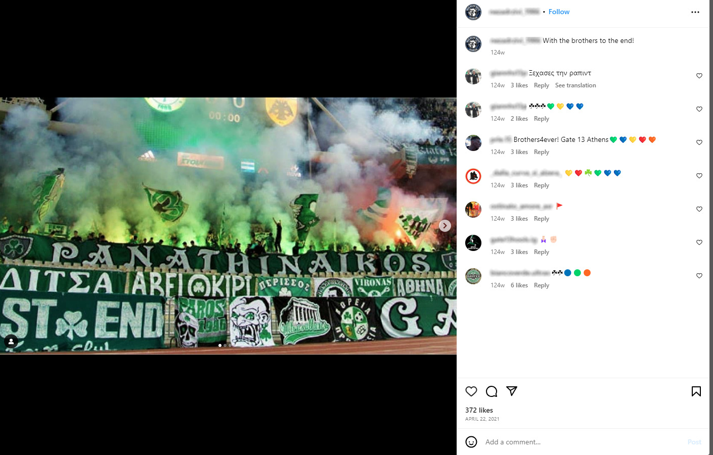 In this image, which was posted on an Instagram profile related to the fan movement of the Croatian football team Dinamo Zagreb, the stand of the fanatical Panathinaikos fans is depicted. The description reads: 'With the brothers to the end'.