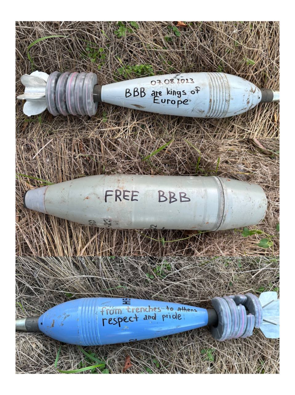 This picture shows three military shells on the Ukrainian front. The image was posted on a Telegram channel associated with the hooligan group of the Ukrainian football team Dynamo Zagreb. The first shell reads "BBB are kings of Europe", the second "FREE BBB" and the third "From trenches to Athens respect and pride". 