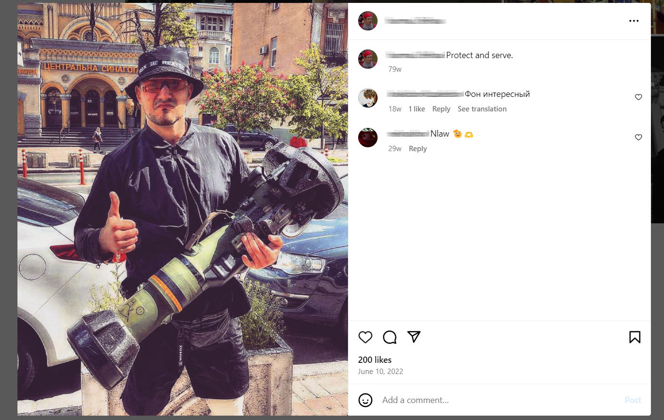 Screenshot from Kapustin's personal Instagram account, showcasing him in Kiev holding an NLAW anti-tank weapon. The post was made on June 10, 2022, two months before the official establishment of the RVC. 