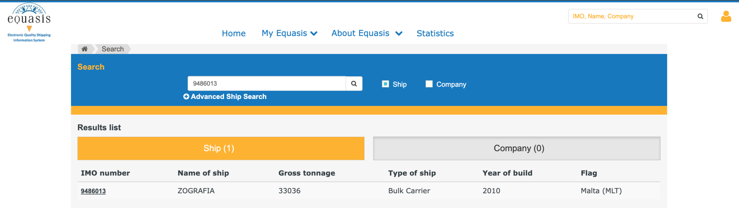 This image is a screenshot from equasis.org. On the left, the IMO number and name of the ship Zografia is shown, while on the right, the type of ship, year of construction and the flag under which it is sailing.