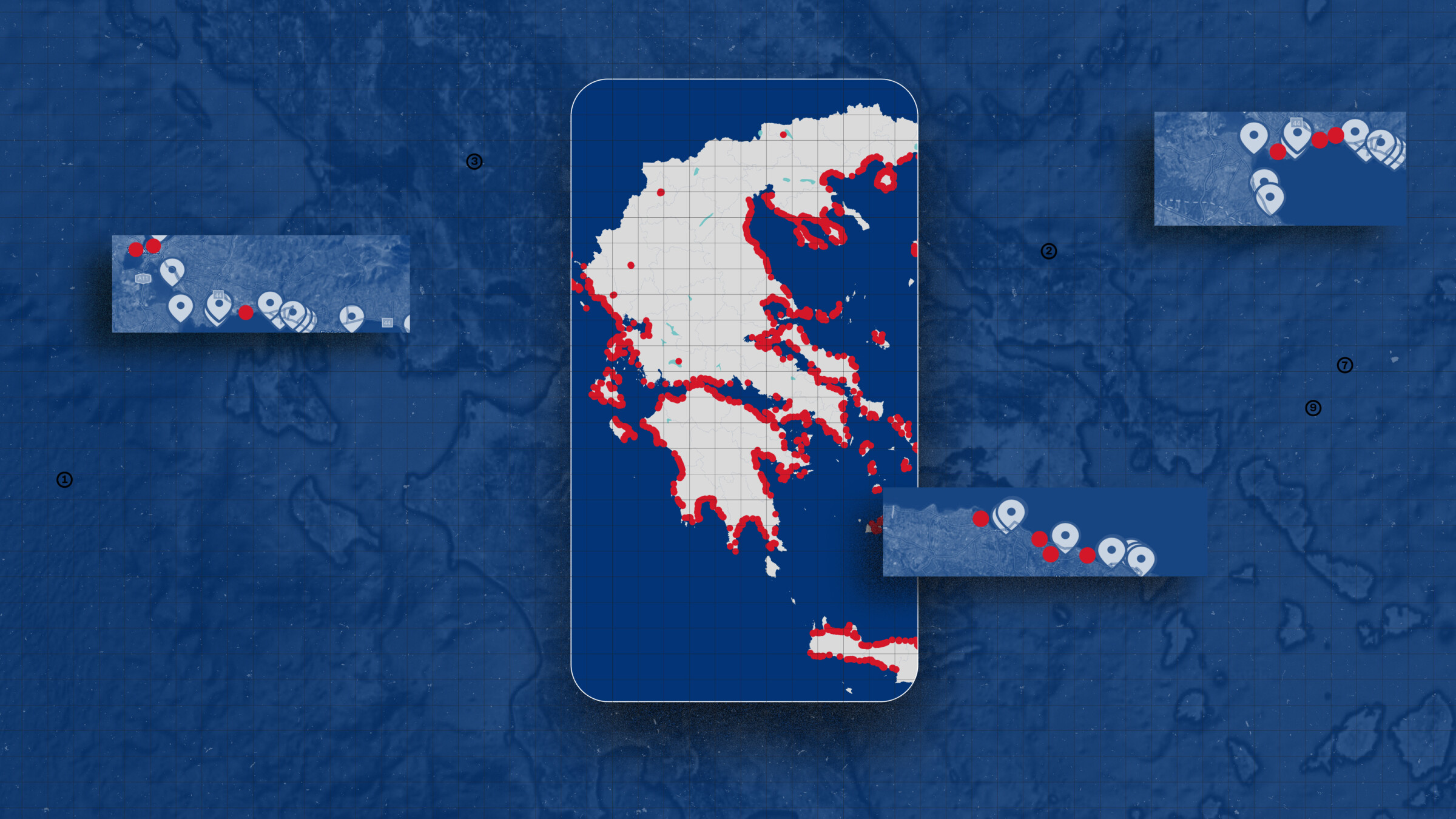 A digital map of Greece is displayed on a blue background, with the landmasses in white and coastal areas highlighted in red, which show which beaches are leased to private entities. The map is overlaid with various icons indicating specific locations, shown in white with red dots. Three insets zoom in on different areas, showing clusters of location icons more closely. The overall layout resembles a mobile phone screen centered on the map.