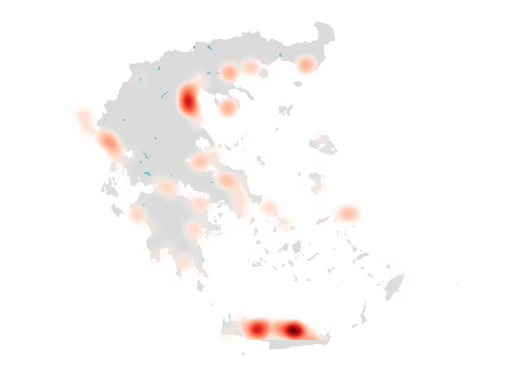 A heatmap of Greece, displaying the concentration of rented beaches. The map shows areas in white and highlights the highest concentration of rented beaches in red, with darker red indicating higher density. The largest rented areas are prominently shown with darker red spots spread across various regions of the country, including mainland Greece and some of the islands.