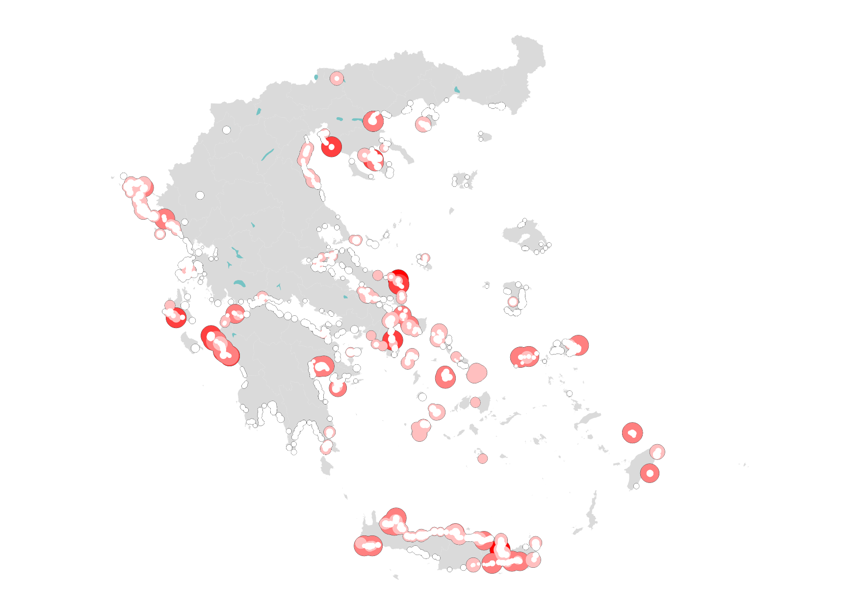 A point map of Greece showing the price per square meter of rented beaches. The map features white and red circles scattered across various regions, with larger and darker red circles indicating higher prices. The circles are concentrated along the coastlines of both mainland Greece and the islands, providing a visual representation of the price distribution across different areas.